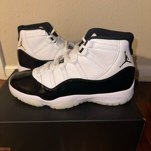 Jordan 11 High Top Sneakers — White, Black, Gold Accents